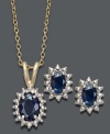 Even if you're not a September baby, this earring and necklace set by Victoria Townsend is totally tempting. With a look inspired by royalty, oval-cut sapphires (2-1/5 ct. t.w.) are surrounded by sparkling, round-cut diamond accents and set in 18k gold over sterling silver. Approximate length: 18 inches. Approximate pendant drop: 1/2 inch. Approximate earring drop: 3/8 inch.