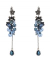 Blue streak. Beautiful blue faceted beads and sparkling crystals are complemented by flower and bow motifs as well as a teardrop-shaped glass accent on Betsey Johnson's striking linear drop earrings. Crafted in hematite tone mixed metal. Approximate drop: 3-3/4 inches.