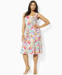 Beautiful and breezy in a bright paisley pattern, Lauren by Ralph Lauren's plus size scoopneck tank dress is rendered for a flattering fit in slinky stretch jersey with a feminine flared skirt.