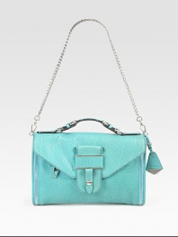 An envelope-inspired leather clutch in a candy-colored hue, accented with polished zippers and a versatile chain strap. Top handle, 1¾ dropDetachable chain shoulder strap, 11½ dropMagnetic snap flap closureOne outside zip pocketOne inside zip pocketTwo inside open pocketsCotton lining12½W X 8H X 2DImported