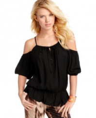 Dare to entice with this blouson-style top from GUESS?, where sultry shoulder cutouts expose just the right amount of skin!
