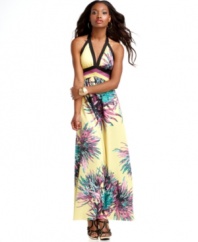 Get tropical in this halter maxi dress from Baby Phat, where a colorful, oversized print promotes beach-ready style!