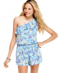 Bursting with color and print, this ruffled, one-shoulder romper from Planet Gold turns up the cuteness!