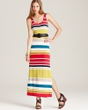 Cinched at the waist with a wide braided belt, this summer-perfect Max & Cleo maxi dress flaunts a medley of vibrant stripes.