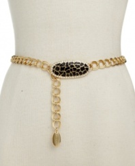 Ferociously fierce fashion. This edgy gold tone chain belt by Kenneth Jay Lane features a spotted black enamel buckle with jeweled embellishments.