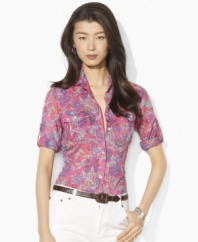 Lauren by Ralph Lauren's graceful update on the crisp, tailored look of a classic petite work shirt, the Ristow is designed in floral woven cotton for modern femininity with a subtle safari influence. (Clearance)