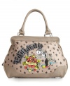 Let the good times roll with this Ed Hardy design featuring a dice, rose and bird graphic at front. With a satchel silhouette and rhinestone embellished signature detailing this style will be sure to turn heads.