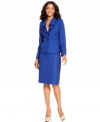 Classic tweed gets a feminine update with the addition of a ruffled collar and flattering seamed waist on Le Suit's  petite skirt suit. The rich blue hue is easy to pair almost any heel in your closet.