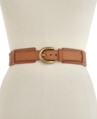 A colorful and folksy leather belt from Fossil with woven fabric detail at the back.
