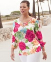 Summer is abloom, so snag Charter Club's three-quarter-sleeve plus size top-- a floral-print is a must-get this season!