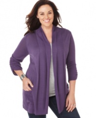 Plus size fashion that drapes on a fashionable layer. This three-quarter sleeve cardigan from Karen Scott's collection of plus size clothes is accented by ruching. (Clearance)