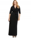 Plus size fashion that's an instant classic! A slimming faux wrap design outlines this maxi dress from NY Collection's line of plus size clothes, cinched by a belted waist.