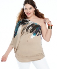 Soar above the style set with Baby Phat's one-shoulder plus size top, highlighted by a feather print.
