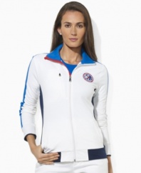 Rendered in durable stretch fleece for easy movement, Lauren by Ralph Lauren's full-zip jacket is a chic essential for active style in a bold, color-blocked design.