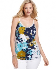 Enliven your neutral bottoms with DKNY Jeans' sleeveless plus size top, featuring a vivid print!
