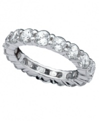 This luxe ring is perfect for layering. Pair CRISLU's stunning eternity band with other rings for that chic, stacked look. A seamless row of round-cut cubic zirconias (3-5/8 ct. t.w.) shines in a platinum over sterling silver setting. Size 5, 6, 7, 8 and 9.