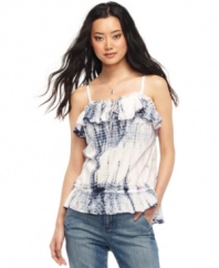 A ruffled flounce of fabric at the neck and hem of DKNY Jeans' petite tie-dye top lends carefree, boho-inspired flair to your outfit. See the look through with a cool pair of distressed jeans.