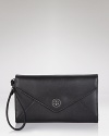 Lustrous Saffiano leather lends luxe texture to this simply chic envelope clutch from Tory Burch.