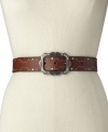 Add vintage glamour to jeans and a t-shirt with this embossed and crystal-studded belt by Fossil.