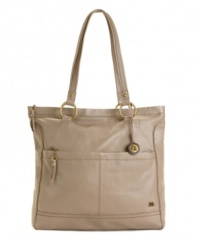 A square silhouette and antiqued brasstone hardware lend the Iris tote a classic refinement.