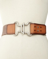 Take charge of your look with a unique design. This bold Fossil stretch belt is designed with eye-catching hook hardware at the front and a wide, elastic body for a stunning silhouette.
