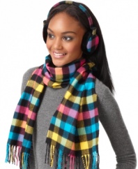Breathe warmth into winter with the festive fringe and funky color palette of this buffalo check scarf by David & Young.