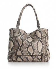 Get sassy in snakeskin with this fabulous look by Jessica Simpson. A sleek all-over snakeskin print is accented with antique brass hardware for an eye-catching allure.