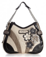 GUESS updates retro style with this adorably floral, high-contrast hobo bag: croc embossing, contrast bands and a sexy silhouette.