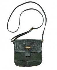 Leather and suede beautifully blend on this top-stitched flap bag from Fossil. Available in a range of vibrant colors.