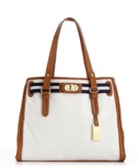 A timeless look with a sporty edge. This luxe design from Tommy Hilfiger features a classic shape with preppy striped detail and elegant touches of polished signature hardware.