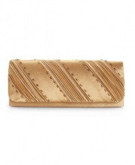 Pleated satin with tonal beads make the sleek clutch perfect for a special night out, by Jessica McClintock.