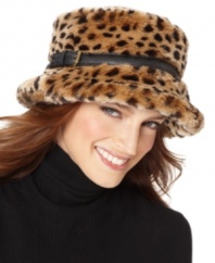 Cold weather chic. Nine West dolled up the classic bucket hat with fuzzy faux fur and a belted band.