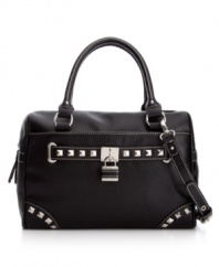 An edgy design sure to turn more than a few heads. The Lock of the Draw Satchel from Nine West features bold studded detailing, a signature lock charm and shiny silvertone hardware.