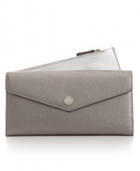 Chic and clever, this envelope-style carryall is crafted from luscious Saffiano leather and features the full functionality of a wallet. Comes with a detachable zip pouch.