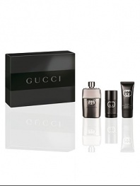 Gucci Guilty Pour Homme is an intense and individual contemporary fougère that provokes as it seduces. The scent seizes hold of the senses with a heady cocktail of invigorating Italian lemon and mandarin alongside crushed green leaves, fresh lavender and a defiant punch of pink pepper. The effect is both remarkable and uncompromisingly alluring.  Experience Gucci Guilty Pour Homme with this gift set containing a 3 oz. eau de toilette, 2.5 oz. deodorant stick and a 1.6 oz.