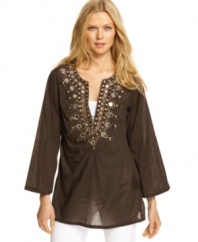 Rich embellishments add an exotic, opulent appeal to this petite MICHAEL Michael Kors tunic for a look that's a statement in itself!