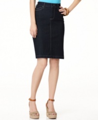 This petite denim pencil skirt from Not Your Daughter's Jeans offers a casual look that's still full of polished appeal. Easy to pair with heels, wedges and more!