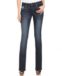 Earl Jeans' petite skinnies flatter with a dark blue wash. Rhinestones and embroidery add a glam touch!