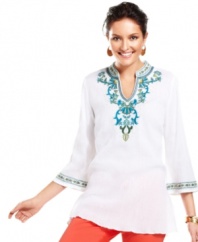 Elevate your wardrobe with this breezy cotton petite tunic from Charter Club, featuring chic embroidery and gorgeous beading at the neckline. Create a flawless ensemble when you pair it with vibrant pants!