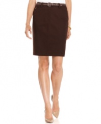 Jones New York Signature's slim petite pencil skirt stays tailored with a removable braided belt. Pair it with heels for work or with sandals for the weekend!