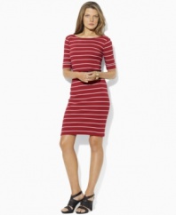 Slim sailor stripes and anchor-embossed buttons give a seafaring spirit to a fine-ribbed cotton petite dress, accented with rope belt at the waist for a chic finishing touch, from Lauren by Ralph Lauren.