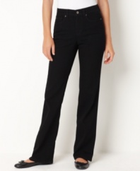 These petite jeans by Charter Club offer just the right amount of stretch for a flattering fit. A bootcut leg and a dark, clean wash make them smart for day-off dressing.