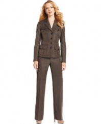 Kasper's petite pant suit touts four buttoned flap pockets on the jacket and a seamed waistband for a crisp look.