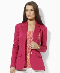 Lauren by Ralph Lauren tailored the petite Georgina jacket in sleek stretch cotton twill with a signature embroidered crest for a preppy look. (Clearance)