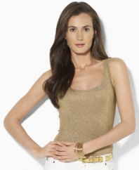 Crafted with a hint of stretch for a body-conscious fit, Lauren by Ralph Lauren's classic petite scoop-neck tank transforms into an eye-catching essential with allover glittering metallic threads.