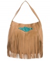 Discover you inner hippie-chic with this fun fringe hobo by Lucky Brand. Coral and turquoise stones adorn the silhouette in a diamond shaped pattern, while decorative stitching adds extra allure.