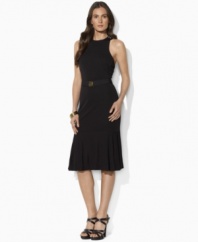 Embrace the ladylike look in Lauren by Ralph Lauren's elegant matte jersey petite dress, tailored with clean lines, a belted waist and a ruffled peplum hem for flirty charm.