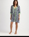 EXCLUSIVELY AT SAKS. Lightweight and summer-ready, a bold geometric print in fresh hues covers this classic silhouette. Cross-over frontThree-quarter kimono sleevesContrast trim at neckline and cuffsSelf-tie waistAbout 36 from shoulder to hemPolyesterMachine washImported