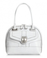 The perfect blend of poise and edge. The Letty dome satchel from GUESS features a classic silhouette decorated with a daring crocodile print exterior and high-shine signature silver-tone hardware.