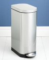 Small kitchens will appreciate the slim, space-saving design of simplehuman's high-capacity trash can. The rectangular shape fits unobtrusively in the corner, while advanced lidshox(tm) technology uses air suspension shocks to control the lid for a slow, quiet close. 10-year warranty.